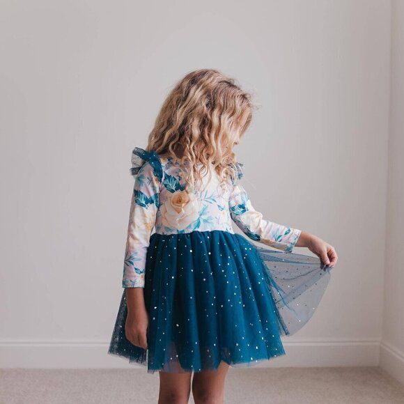 Blue Floral Print Sparkle Tulle Dress - Picture 1 of 10